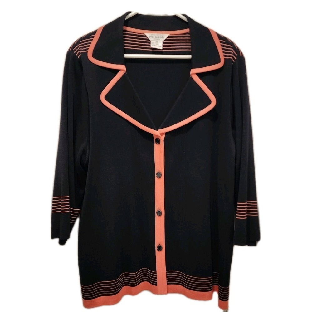 Misook Woman 3X Black Coral Collared Button Up Cardigan 3/4 Sleeve